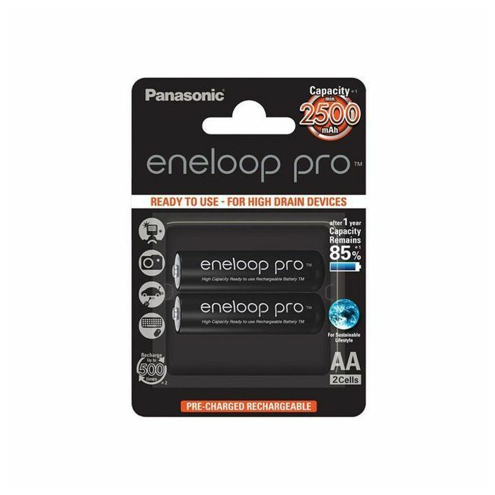 بطاريات باناسونيك إنيلوب برو AA قابلة للشحن، 2500 مللي أمبير، قطعتين، BK-3HCDE - أسود