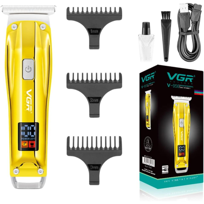 ماكينة حلاقة شعر احترافية لاسلكية قابلة لإعادة الشحن VGR V-956 مزودة بشاشة LED - ذهبي