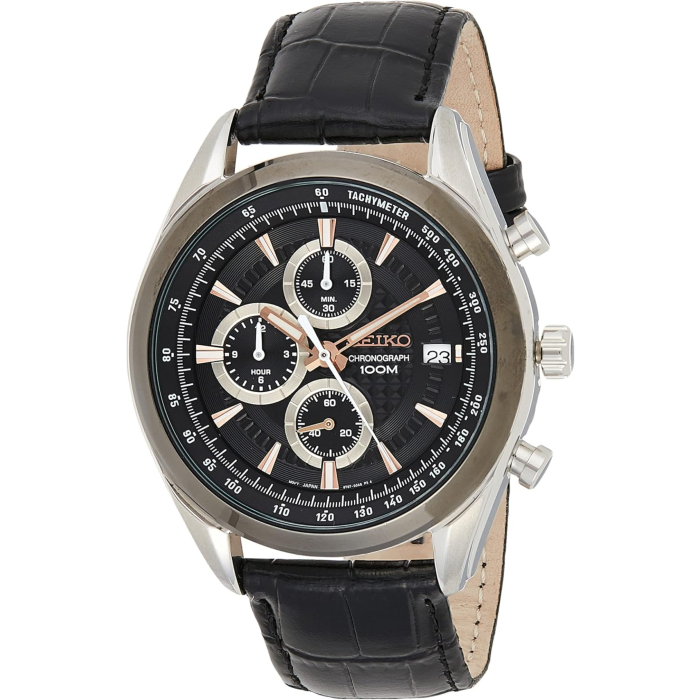 ساعة سيكو للرجال كوارتز بسوار جلد، شاشة تناظرية، SSB183P1 - فضي أسود