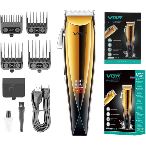 ماكينة حلاقة في جي آر احترافية لاسلكية بشاشة ديجيتال، V-115 - ذهبي x أسود