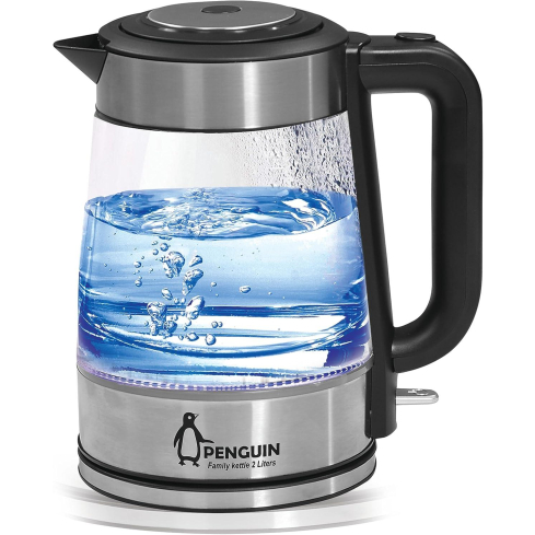 كاتيل كهربائي بنجوين زجاج، 2 لتر، 2200 وات، اسود - PK-1000