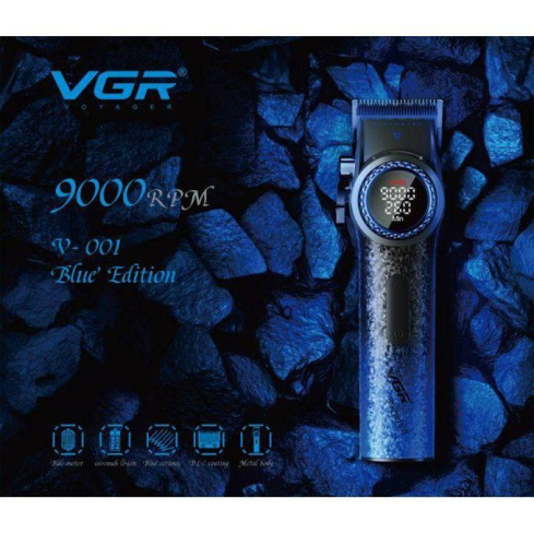 ماكينة قص الشعر في جي ار بروفيشنال قابلة للشحن ديجتال، ازرق واسود - V-001 PRO