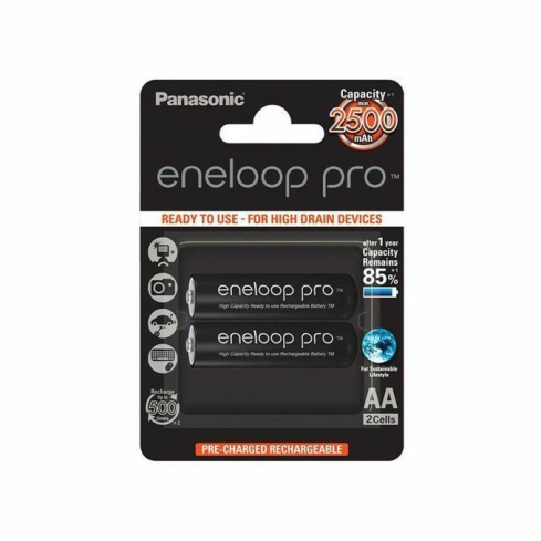 Panasonic BK-3HCDE Eneloop Pro Rechargeable AA Batteries, 2500mAh, 2 Pieces - Black