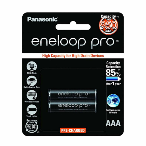 Panasonic Eneloop Pro AAA Rechargeable Batteries, 950mAh, 2 Pieces - Black