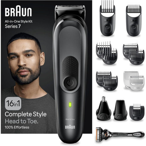 Braun All-in-One Trimmer Series 7 16-in-1 Kit 14 Length Settings in Black and Blue - MGK7470 | ماكينة حلاقة وتشذيب براون أول إن ون سيريز 7 طقم 16 في 1 14 درجة طول باللون أسود وأزرق - MGK7470