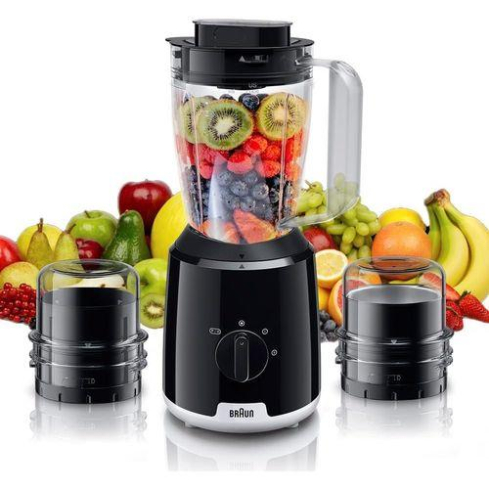 Braun PowerBlend 1 Jug Blender JB 1023 BK, 600 Watts, 1.2L Capacity With Chopper And Grinder Included - Black