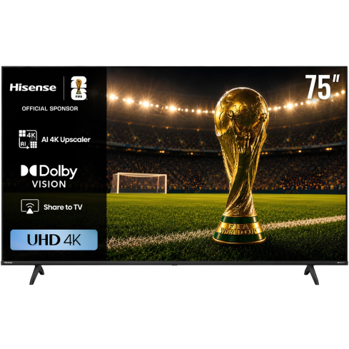 Hisense 75 Inch Smart TV ، 4K UHD LED Frameless Built-In Receiver، 75A6N in Black | شاشة تلفزيون سمارت هايسنس ، مقاس 75 بوصة ، LED ، دقة 4K UHD ، بدون إطار ، بريسيفر داخلي ، موديل 75A6N باللون أسود