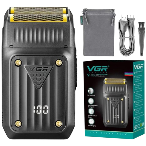 VGR Professional Foil Shaver Titanium Foils 600 mAh LED Display in Black and Gold - V-363 | ماكينة حلاقة وتنعيم في جي آر احترافية رقائق تيتانيوم 600 مللي أمبير شاشة LED باللون أسود وذهبي - V-363