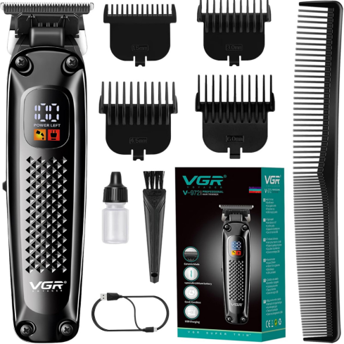 VGR Professional Hair Clipper 180 Min Runtime 4 Guide Combs LED Display in Black - V-972 | ماكينة حلاقة شعر في جي آر احترافية 180 دقيقة تشغيل 4 أمشاط توجيه شاشة LED باللون أسود - V-972