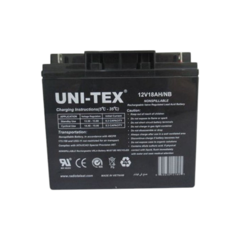 Uni Tex 12V18AH/NB Rechargeable Lead Acid Battery - 12 Volt 18 Amp- Black